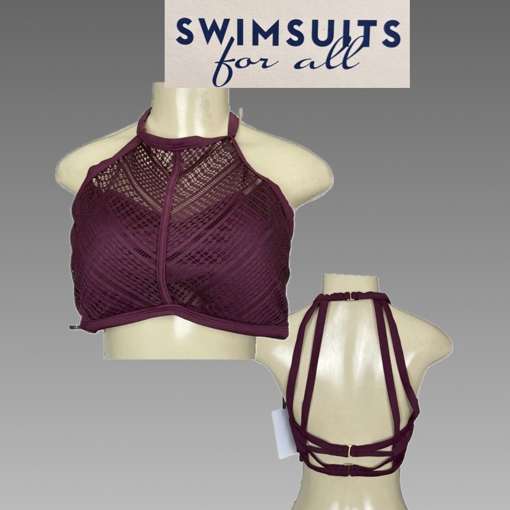 Swimsuits For All 14 Purple Crochet Mesh High Neck Open Back Swim Top Padded